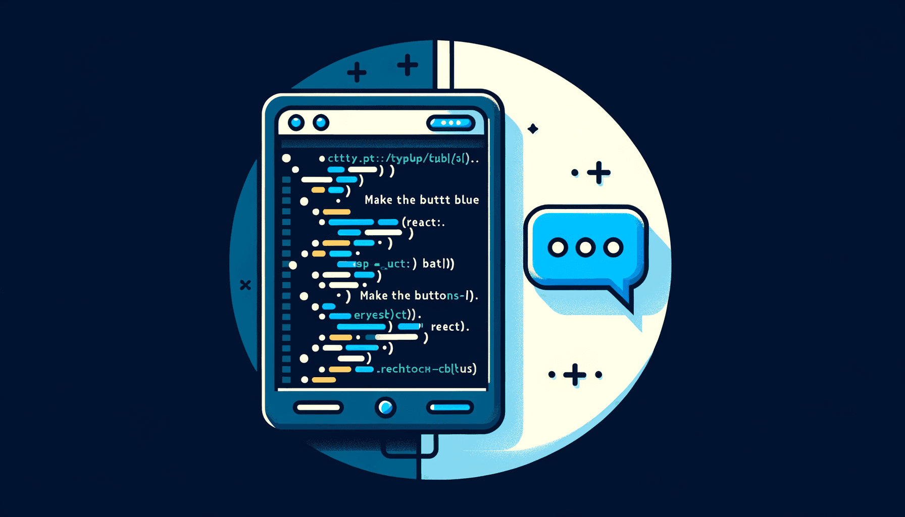 Split screen showing complex code on one side and a simple chat message on the other