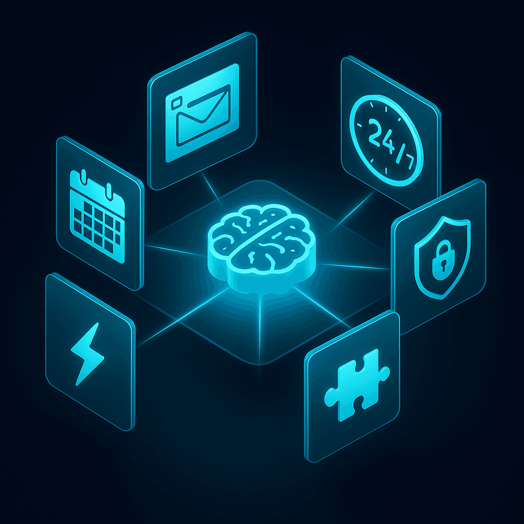 Six AI features arranged around a central intelligence hub